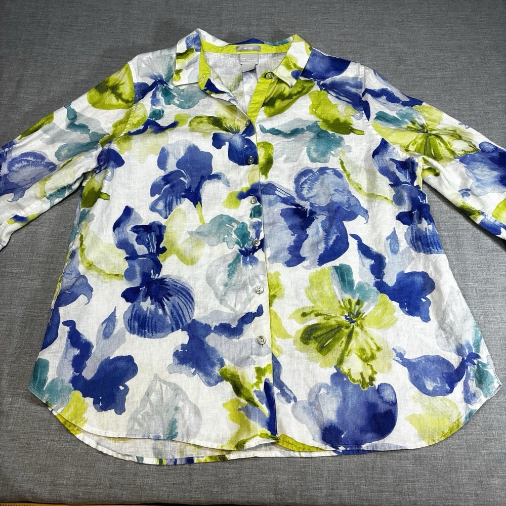 Chico's Top Size 2 Large Blue Green Floral No Iron 100% Linen Button Up Shirt